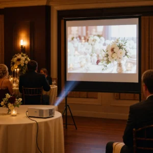 Beamer mit Leinwand bei einer Hochzeitspräsentation