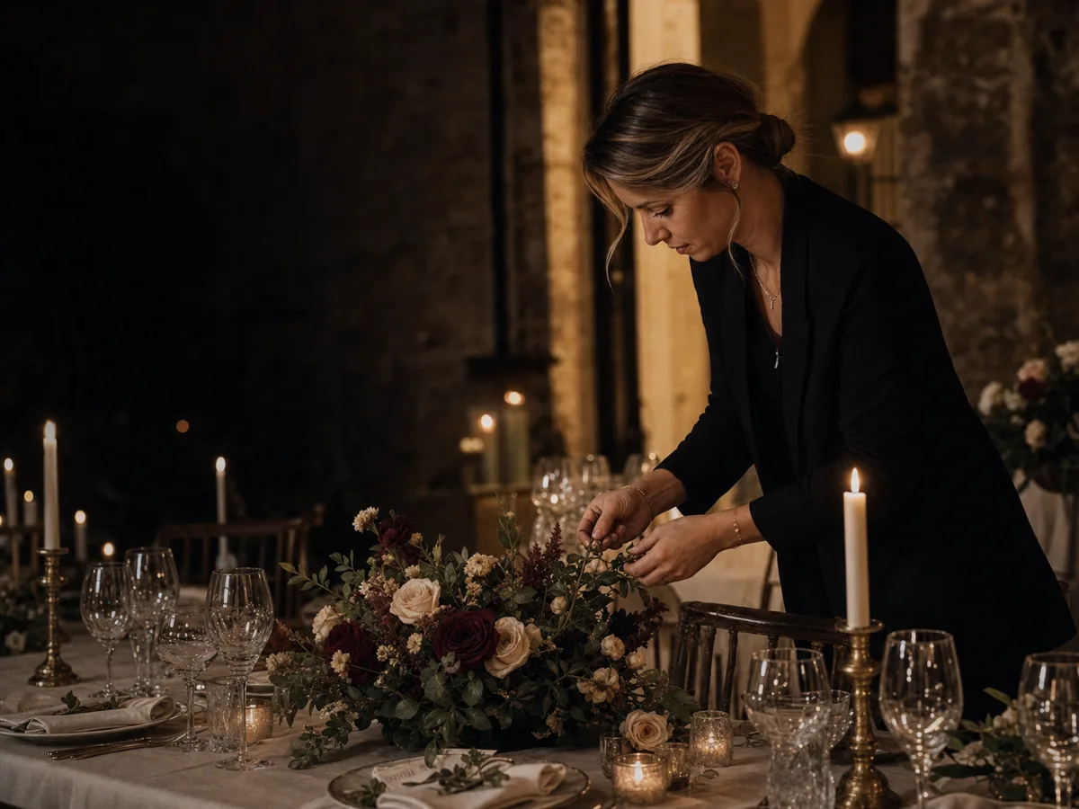 Hochzeitsplanerin arrangiert Blumen und Details einer festlichen Tafel