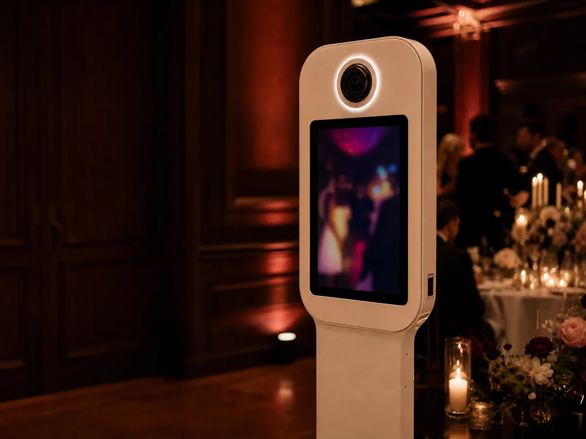 Moderne Fotobox im Einsatz bei einer warm beleuchteten Abendveranstaltung