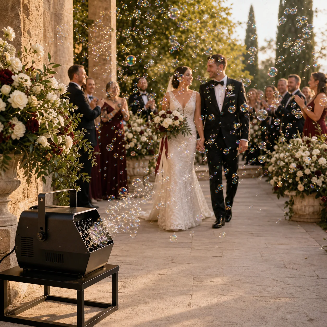 Seifenblasenmaschine beim Auszug eines Hochzeitspaars