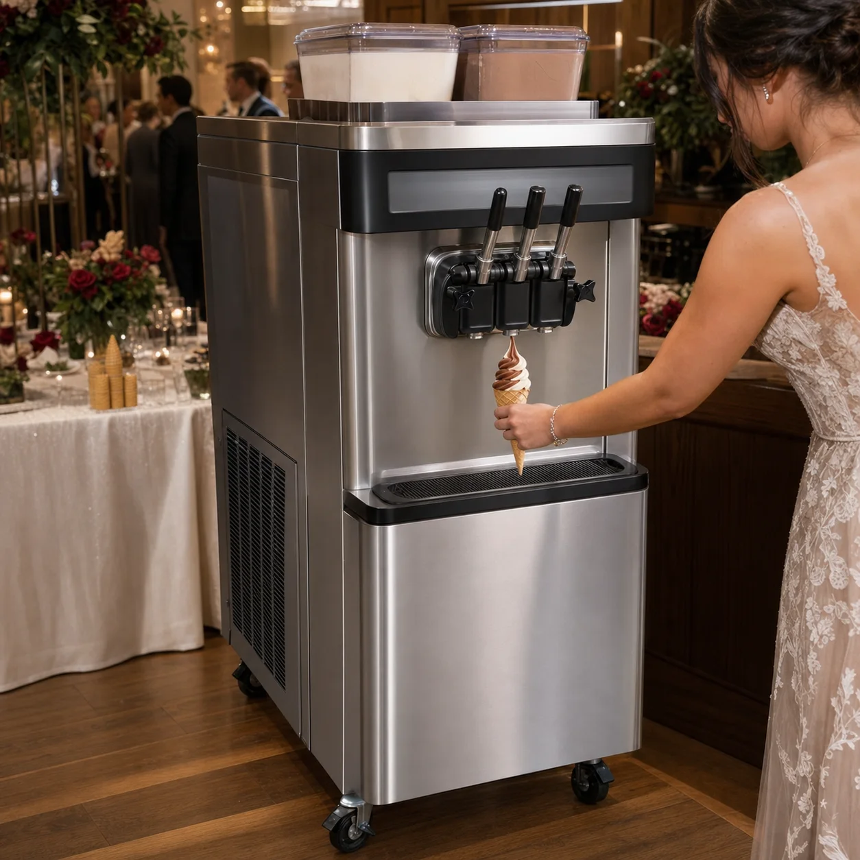Softeismaschine mit drei Geschmacksoptionen auf einer Hochzeit